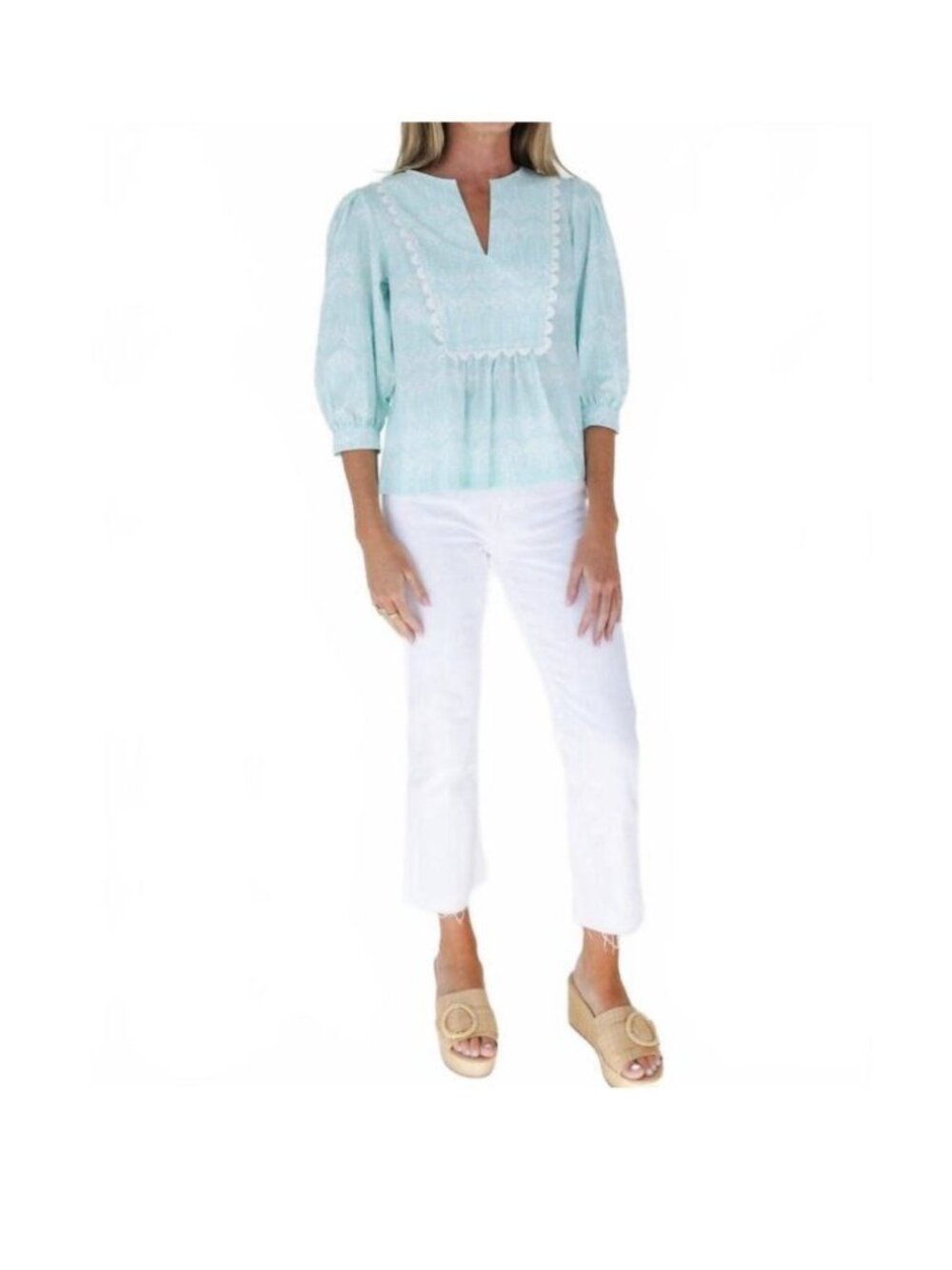 Mary George Stella Poplin Top Palm Trees Large V-Neck Cotton 3/4 Sleeves NWT